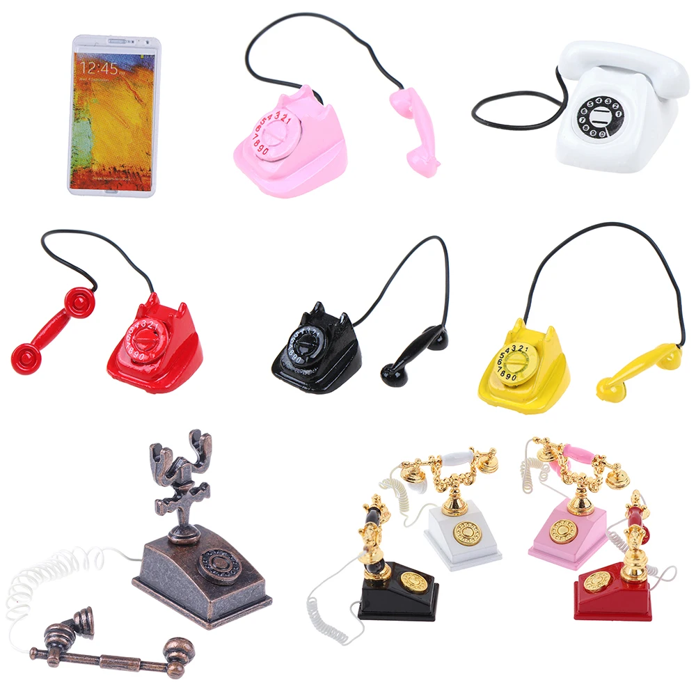 

New 1:12 Miniature Phone Model Alloy Vintage Retro Rotary Telephone Phone Dollhouse Decoration Accessories