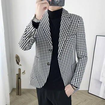 

Men's Fashion Blazer Houndstooth Small Suit Hair Stylist Slim Korean Small Plaid Suit Casual jackets