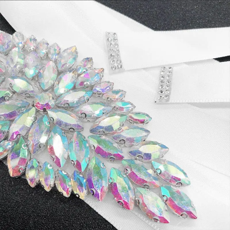 Womens Bridal Fashion Silver Big Rhinestone Leaves Applique Waist Belt Wedding Runway Show Decorative Jewelry Wide Ribbon Sashes