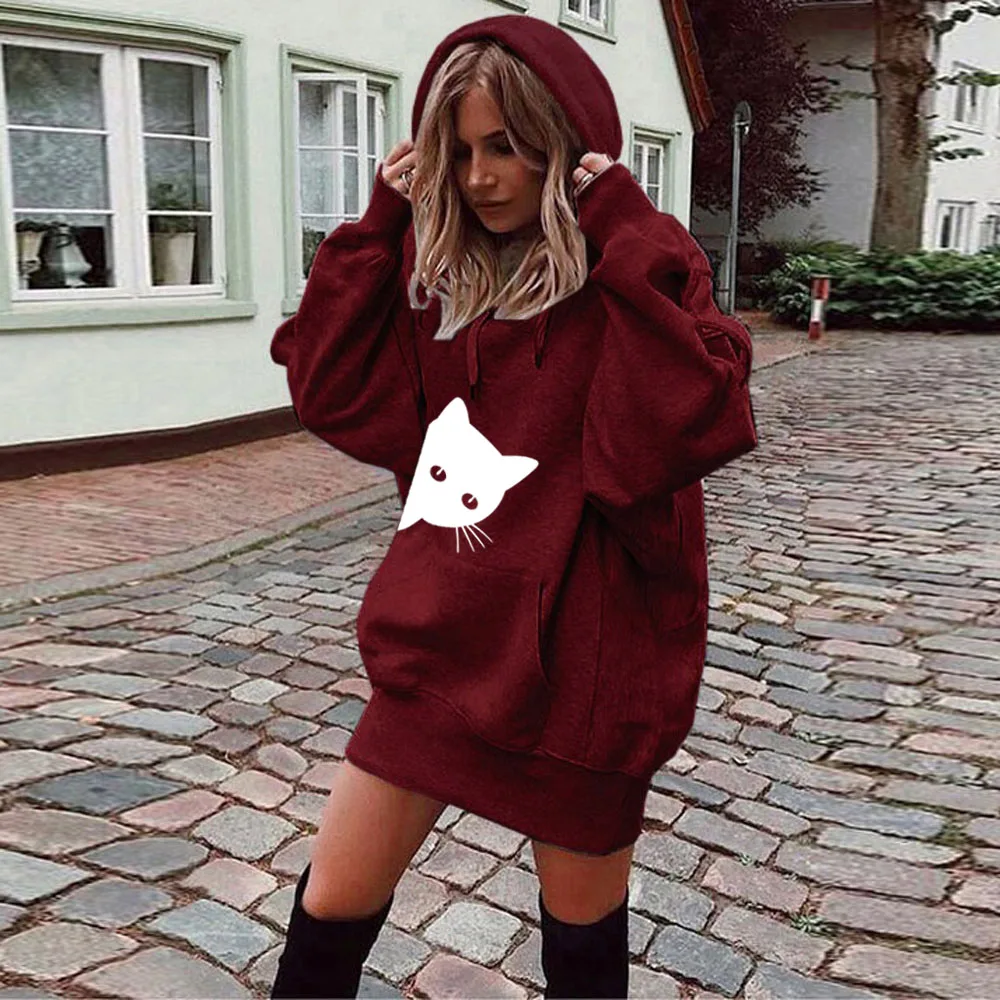 Cat Print Wine Red Fanbety/16 цветов; милое платье с капюшоном и принтом кота для девочек; женское осенне-зимнее платье-толстовка с буквенным принтом; женские толстовки с капюшоном; мини-платья - Цвет: Cat Print Wine Red