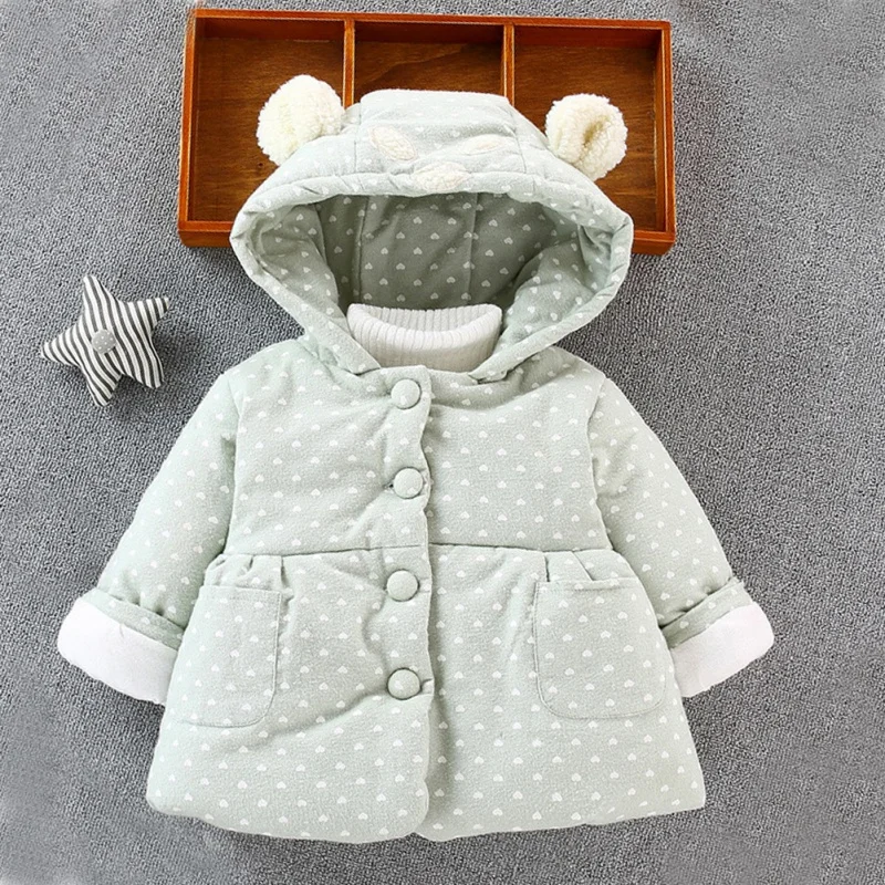 Пальто с капюшоном и ушками модное зимнее пальто для маленьких девочек теплая утепленная детская верхняя одежда костюм для девочек Одежда для младенцев с принтом - Цвет: Зеленый