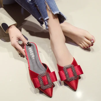 

Rimocy Sexy Red Silk Satin Buckle Rhinestone Slippers Women Fashion Pointed Toe Low Heel Sandals Woman Summer Mules Slides Mujer