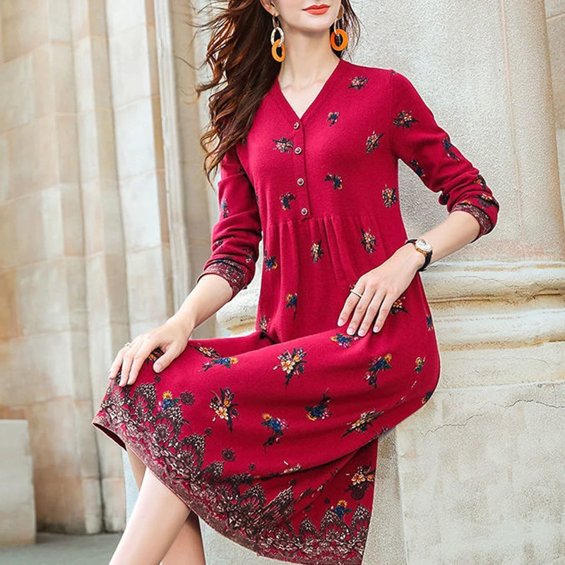 

Winter Red Print Casual Knitted Sweater&Jumpers Autumn Elegant Vintage V-Neck Pullovers Women Bodycon Wool Sweater Midi Dresses