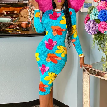 

2020 Floral Print Party Dress Autumn Fall Long Sleeve Slim Stretch Bodycon Tight Round Neck Vintage Midi Pencil Women Dress