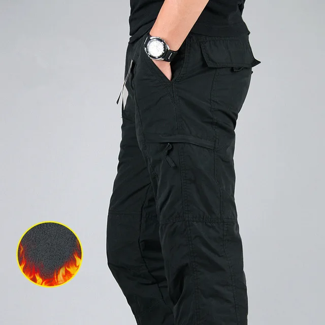 Большие размеры 3XL мужские зимние Утепленные флисовые брюки карго мужские повседневные хлопковые военные тактические мешковатые Joger брюки теплые длинные брюки - Цвет: Ku55 Black