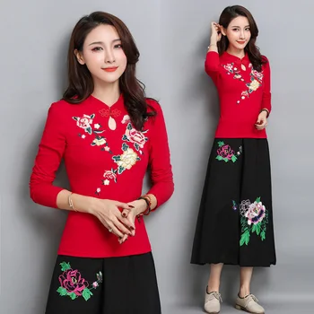 

Autumn spring new national women's dress embroidered long sleeve LARGE T-SHIRT Chinese style retro plate button top shirt woman