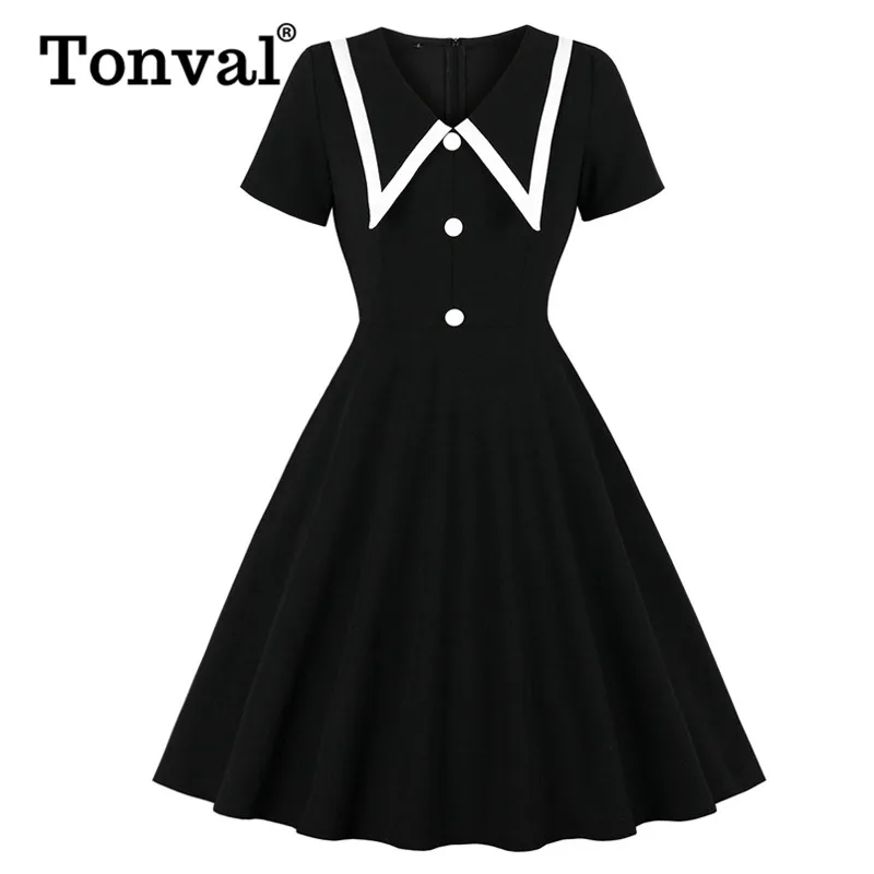

Tonval Colorblock Black Button Front V-Neck Women Vintage Dress Short Sleeve A Line Office Ladies Dresses