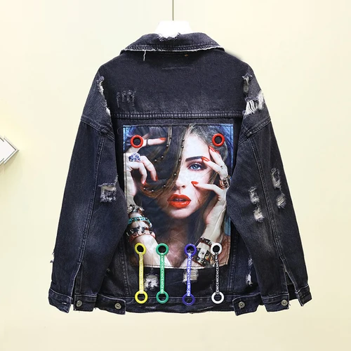 printed black denim jacket