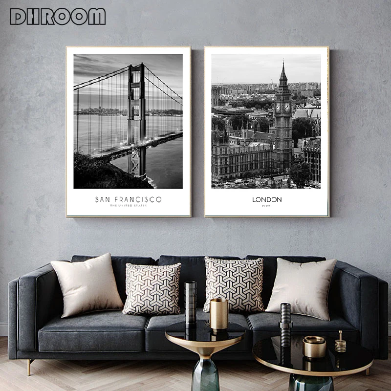 Nero Bianco Tela Pittura Mondo Città Paesaggio Parigi Londra New York Poster Stampe Stile nordico Immagine di arte della parete Decorazioni per la casa - immagine 3