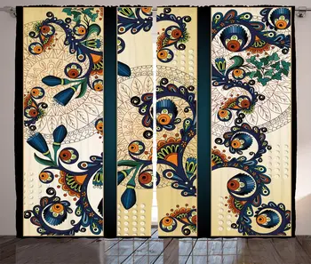 

Abstract Curtains Paisley Batik Floral Design Hand Drawn Ornament Artwork Living Room Bedroom Window Curtain Cream Blue