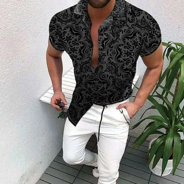 Fashion Nation Style Summer Man's Shirt 3D Printing Stand Collar Single-Breasted Short Sleeve Loose Hawaiian Henley Casual Shirt Short Black