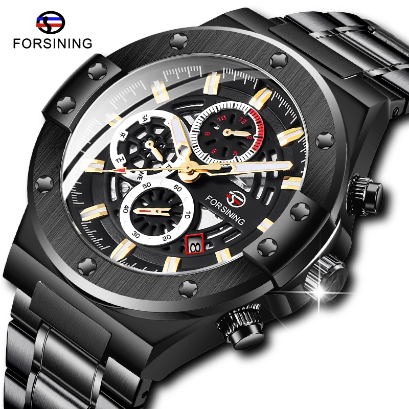 

Fashion FORSINING Black Men's Automatic Mechanical Watches 3 Sub Dial Date Male Sport Steel Luminous Waterproof Clock Saat Reloj