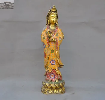 

Christmas 19"Old China Temple Bronze Cloisonne Enamel gilt Guan yin Kwan-yin Buddha Statue New Year