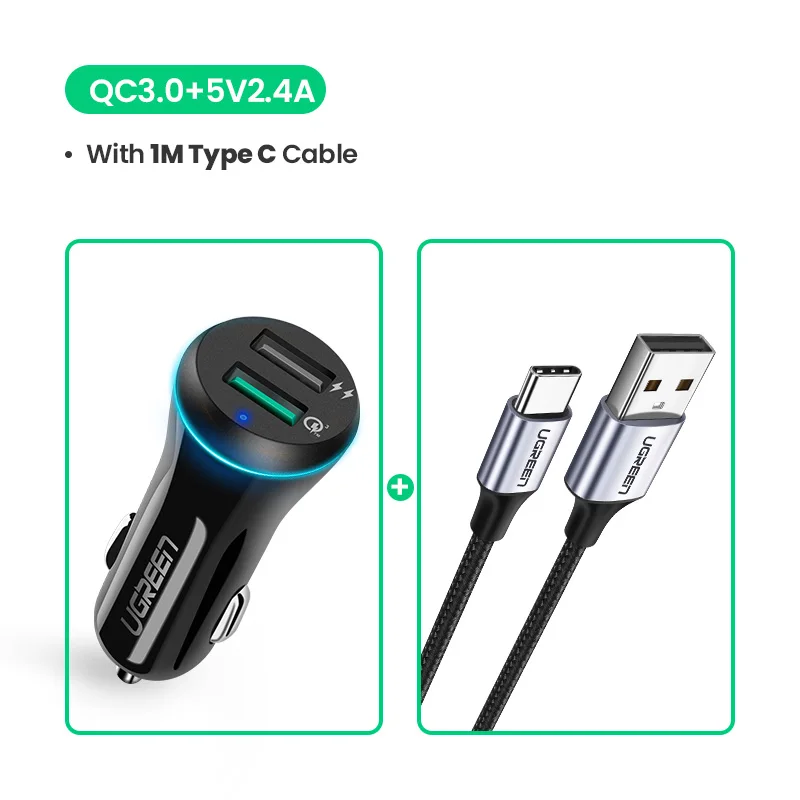 Автомобильное зарядное устройство Ugreen Quick Charge 3,0 USB быстрое зарядное устройство для Xiaomi Mi 9 iPhone X Xr 8 huawei samsung S9 S8 QC 3,0 USB Автомобильное зарядное устройство - Тип штекера: 30W add Type C Cable