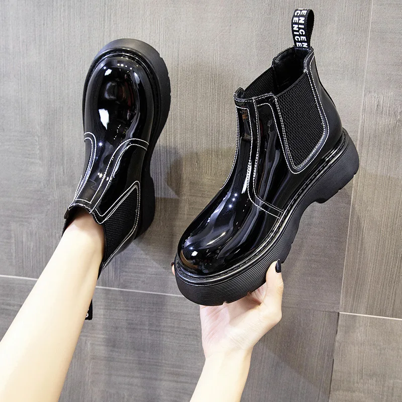 

Patent Leather Thick-Soled Martin Boots Women Winter New Fashion Plus Cashmere Chelsea Ankle Boots