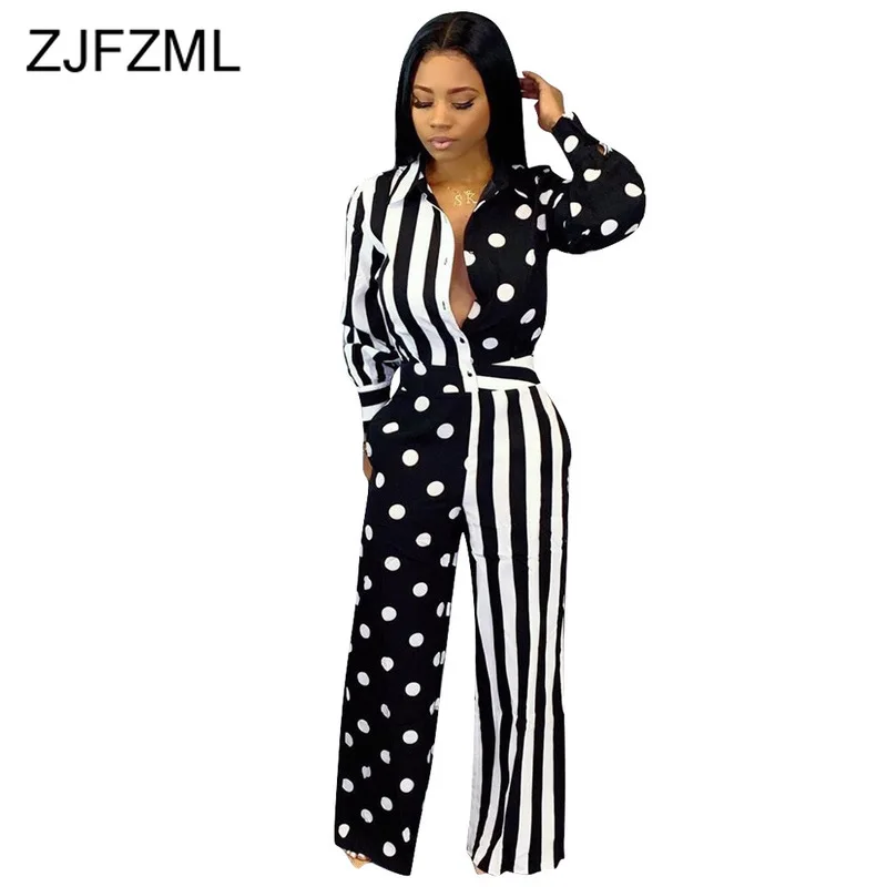 

Polka Dot Striped Buttons Wide Leg Jumpsuits for Women 2019 Turn-Down Collar Long Sleeve Overall Autumn Loose Plus Size Rompers