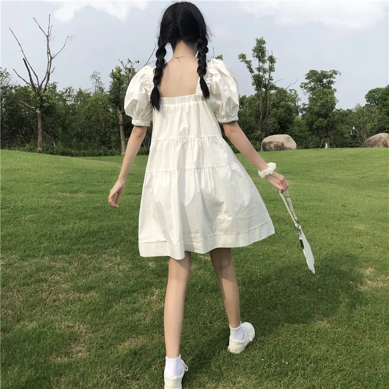 Sweet Kawaii Black Tie Women Dress Soft Girly White Dress 2020 Summer Fashion Bow Square Collar Puff Sleeve Dress Femme Vestidos