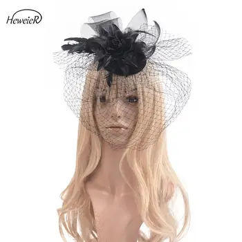 

Handmade Fascinator Feather Flower Hat Veil Hair Clip Cocktail Wedding Party Black/White Hairpiece Women Lady Accessory