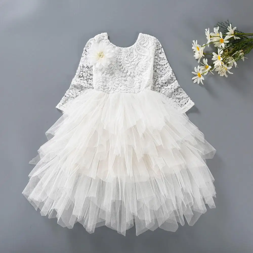 Летнее кружевное платье с длинными рукавами для девочек Детские платья принцессы с открытой спиной для девочек, рождественское платье-пачка, костюм для малышей от 3 до 8 лет - Цвет: White