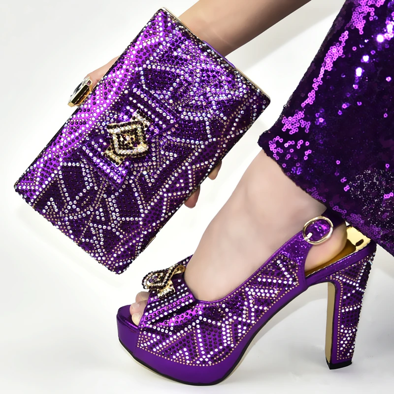 Новинка; комплект из туфель и сумочки в нигерийском стиле; обувь для вечеринок со стразами; женская обувь; комплект из обуви и сумки на высоком каблуке - Цвет: Фиолетовый
