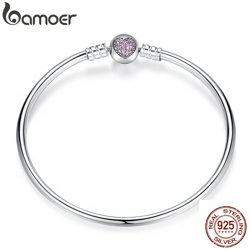 BAMOER Authentic 100% 925 Sterling Silver Snake Chain Heart Bangle & Bracelet Luxury Jewelry PAS904