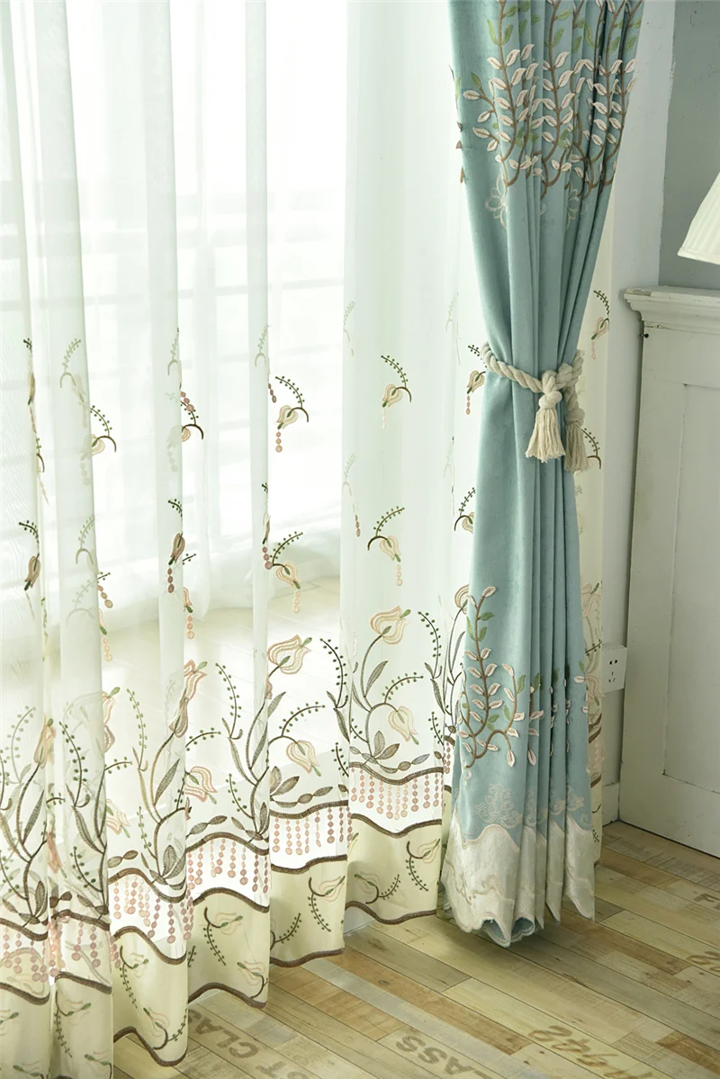 Flower Embroidery Sheer Tulle for Living Room Beaded Pattern Window Drapes for Balcony Plant Glass Yarn for Bedroom X-WP437#2