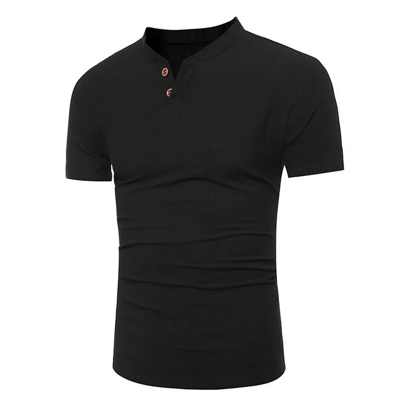 black Модная мужская хлопковая Однотонная футболка с двумя пряжками и стоячим воротником, Мужской пуловер с короткими рукавами, летняя футболка для скейтборда, футболка для мальчиков, топы - Цвет: black