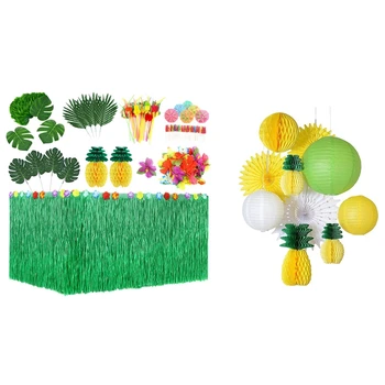 

10Pcs Tropical Pineapple Honeycomb Ball Paper Lantern Fans & 107 Pcs Tropical Party Decoration Set