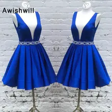Новая мода v-образным вырезом атласное платье для выпускного, отделка бисером без рукавов А-силуэта Короткие вечерние платья выпускного вечера Выпускные платья