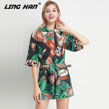 

LINGHAN Vacation Print Set Bow Turn-down Collar Short Blouse + Lace Up Shorts Two-piece Set Designer Spring Summer New
