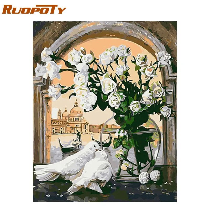 RUOPOTY рамка DIY Краска ing по номерам набор голуби и цветы акриловая краска для