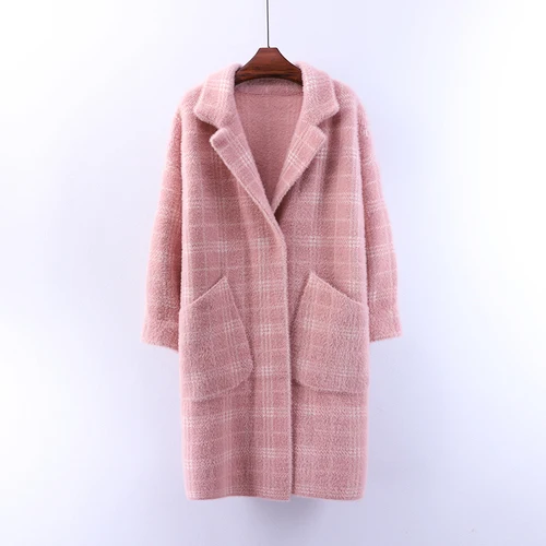 Pink Женская верхняя одежда из искусственного норка и кашемира, новинка осень-зима, Женское пальто средней длины в клетку с отложным воротником, вязаные кардиганы - Цвет: Pink