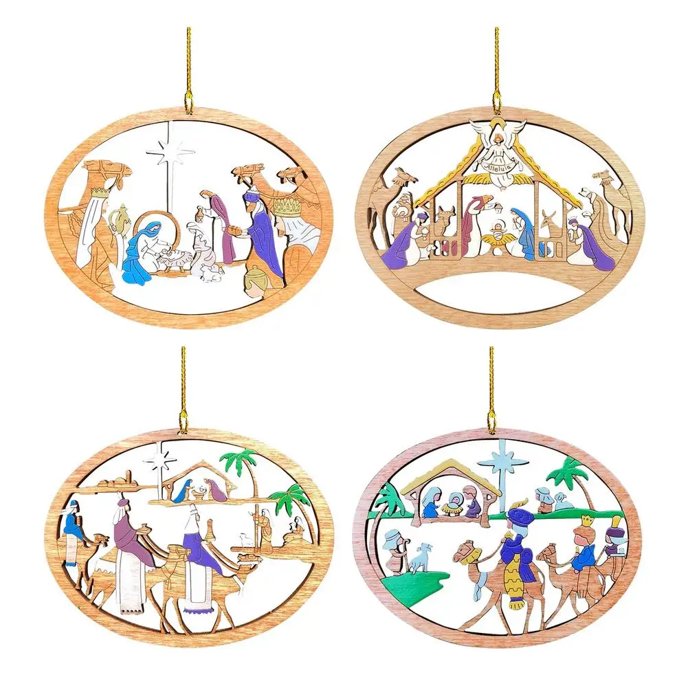 Nativity Scene Tree Ornaments Novelty Hollow Wooden Tree Pendants