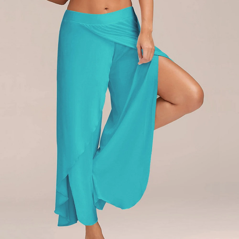 

Women Fashion Summer Loose High Slit Casual Pants Lady Solid Color Wide Leg Pants Plus Size Elastic Waist Sport Trouses 2019 New