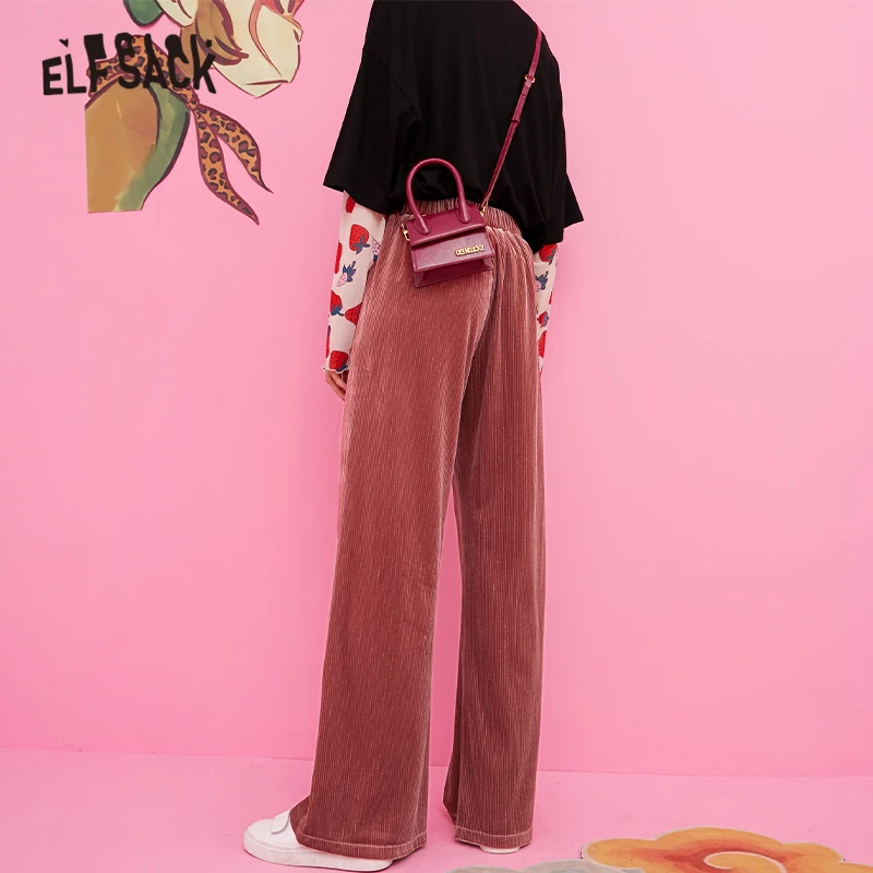 ELFSACK, черные однотонные Свободные повседневные бархатные штаны, женская одежда, осень, новая уличная одежда, розовые свободные штаны
