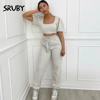

Cotton Casual Two Piece Set Short Puff Sleeve Zipper Top And Pant Solid Summer Women Set Sexy 2 Piece Set Women Outfits