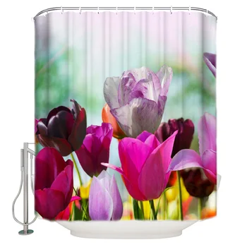 

Colorful Tulips Spring Sun Shower Curtain Waterproof Polyester With 12 Hooks