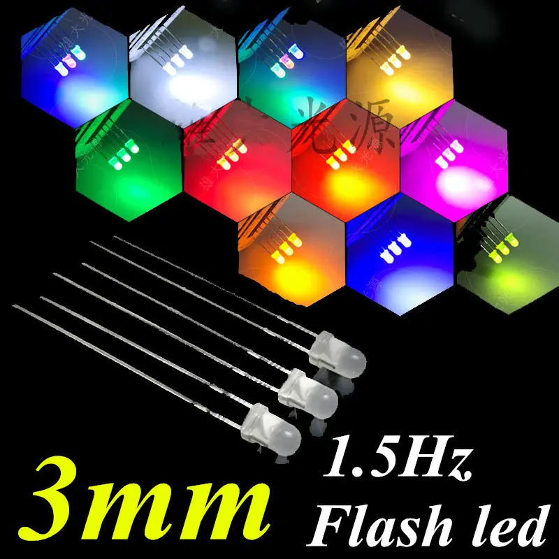 100pcs 3mm Bright LEDs 1.5hz flash led Bulb Warm white/Red/Green/Blue/Yellow/White/Pink LED Lamp