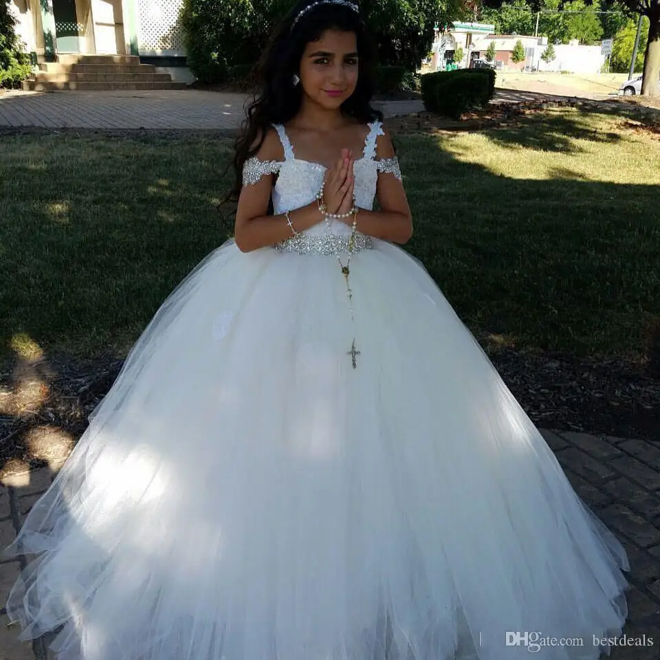 

Spaghetti Straps Off Shoulder Flower Girls Princess Ball Gowns Crystal Beading Waistband
