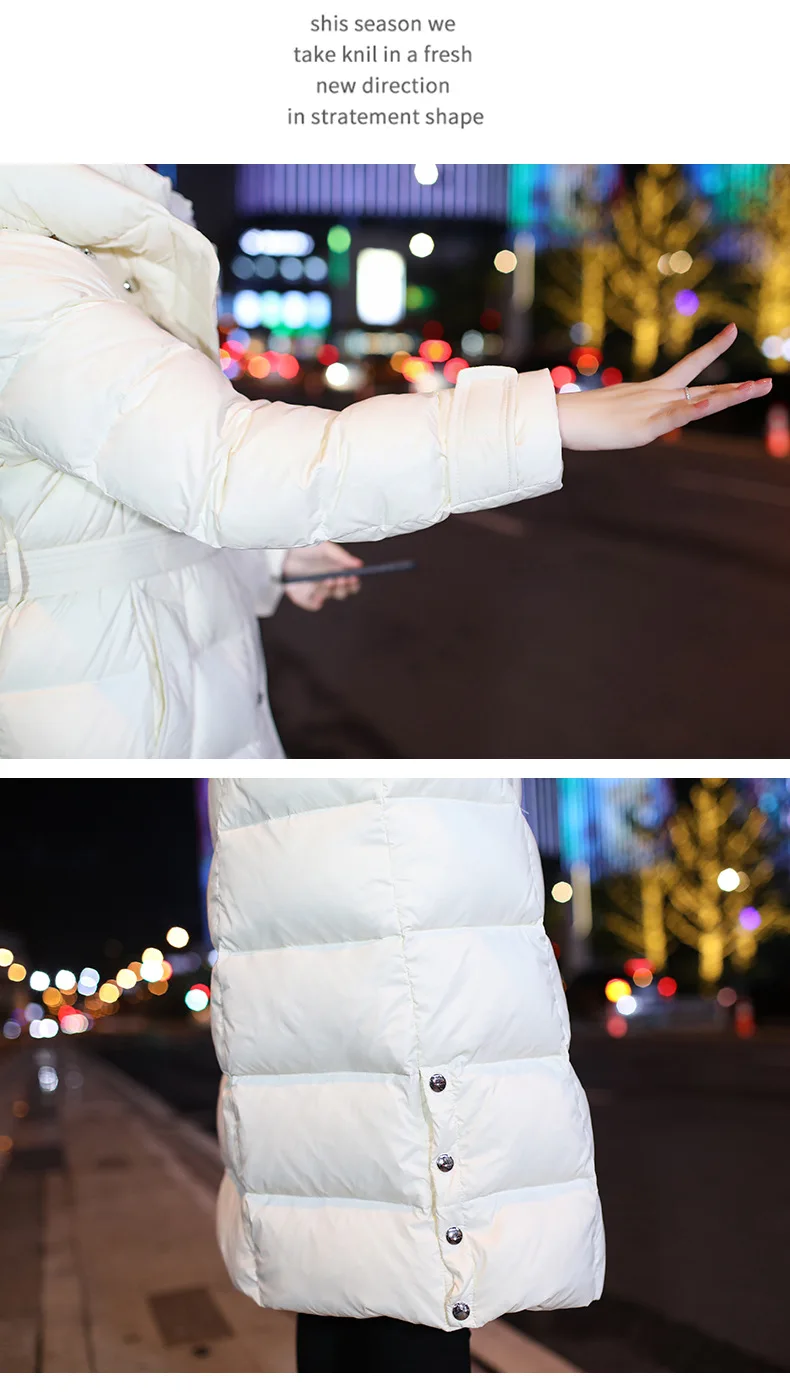 GBYXTY, приталенное длинное пуховое пальто с поясом,, зимнее женское пальто с капюшоном, водолазка, длинный рукав, белая куртка-пуховик на утином пуху, пуховое пальто, ZA1760