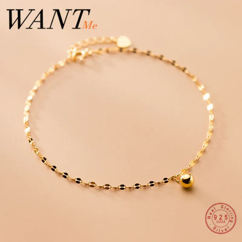 WANTME Korean Minimalism Genuine 925 Sterling Silver Golden Glossy Beads Anklet for Women Beach Party Foot Jewelry Accessories
