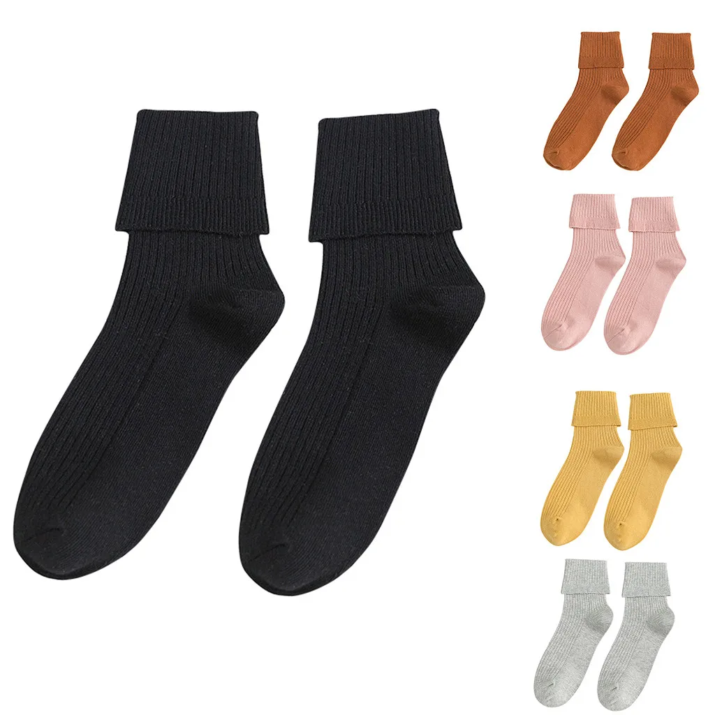 Fashion 5 Pairs Of Women Middle Tube Cotton Socks Solid Ladies Warm Flanging Socks set of women's japanese Winter Soft socks