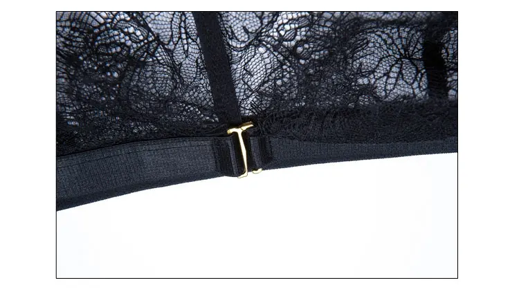 New Black Lace Embroidered Halter Front Buckle Transparent Sexy Bra Set Sexy Lingerie Suits