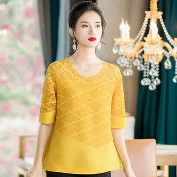 

Women Embroidered Nail Beads Large Pleated Tops 2020 New Spring Round Neck T-shirt