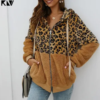 

KLV Women Autumn Winter Leopard Fleece Faux Fur Hooded Coat Zipper Jacket Overcoat 2019 Fashion Women's Thick Coat With Pockets