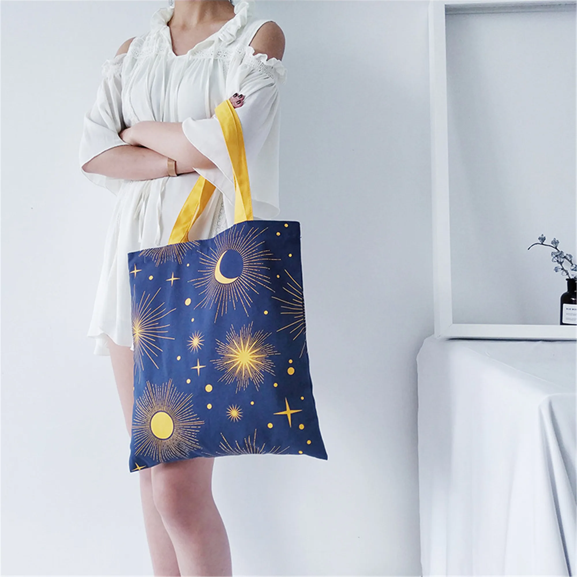 

Cotton Canvas Eco Shopping Tote Shoulder Bag Print Sun Moon Star Blue Space Open BF49