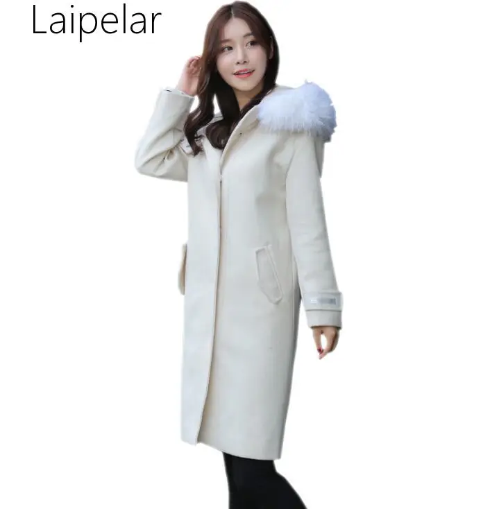 

Blends Women Trendy Winter Hooded Korean Style Slim Coats Warm Womens Wool Female Casual Soft Pocket Long Single Breasted Simple