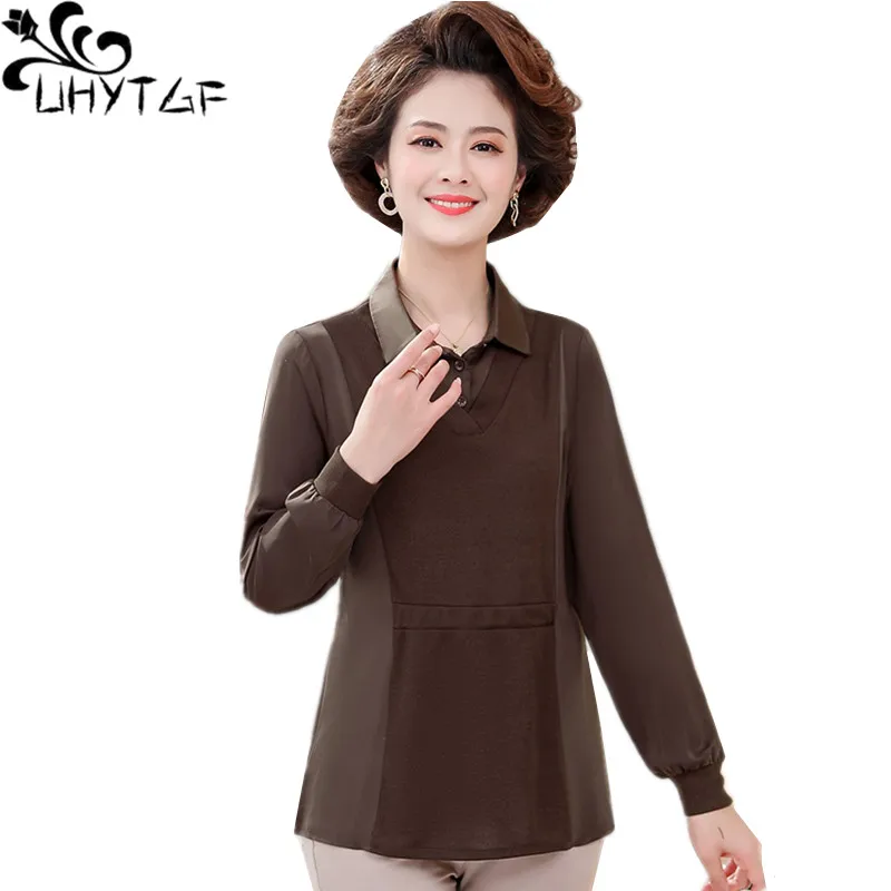 

UHYTGF Middle-Aged Women's Spring Autumn T-Shirt Long-Sleeved Pullover Loose Big Size Blouse Solid Wild Casual Female Tops 2150