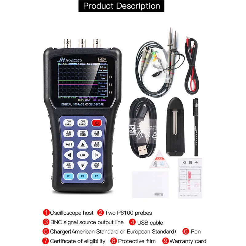 JDS6052S портативный осциллограф цифровой Storagesignal функция генератора 20 МГц осциллограф AC/DC Входная муфта