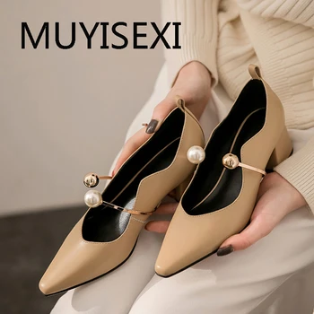 

Women pumps cow leather slip on 6cm high square heel pointed toe pearl decoration elegant office handmade sexy DUOY03 MUYISEXI